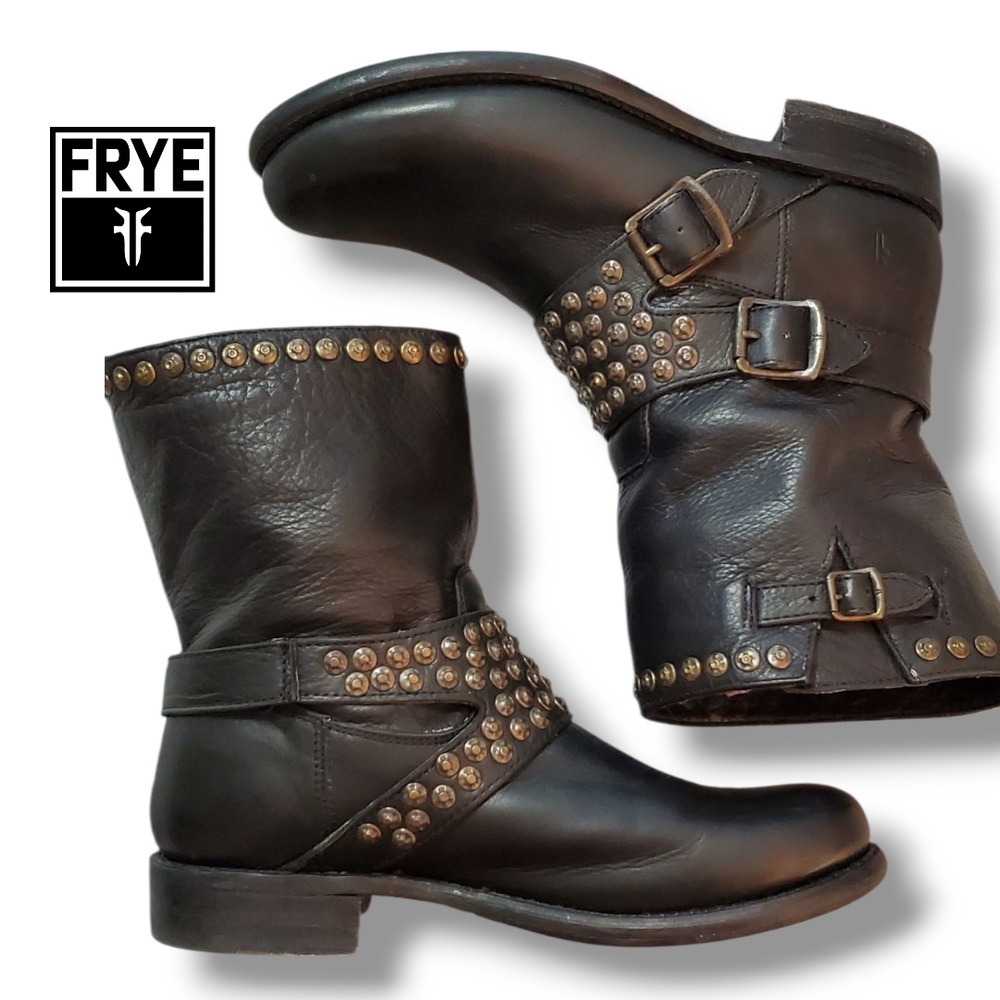 FRYE JENNA Black Leather Studded Ankle Moto Engineer Biker Boots Women's Size 10 - Picture 4 of 12